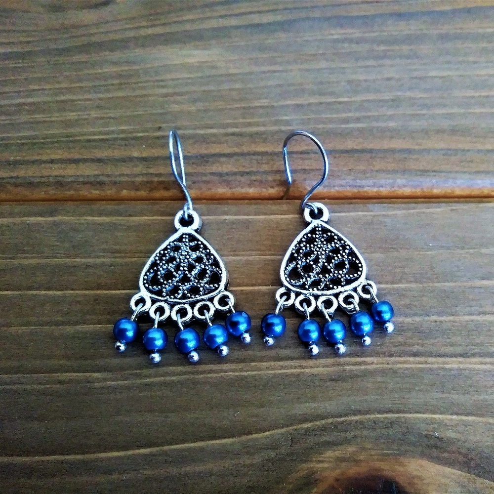 3 for $49 NEW Silver Earrings & Blue Glass Pearls - Picture 2 of 2
